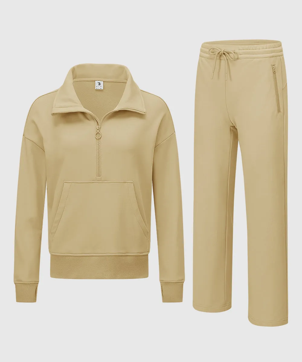 Women's 1/2 Zip Stand collar Pullover And Wide Leg Pants