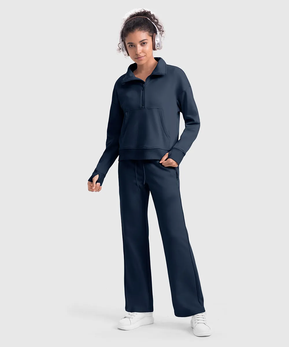 Women's 1/2 Zip Stand collar Pullover And Wide Leg Pants