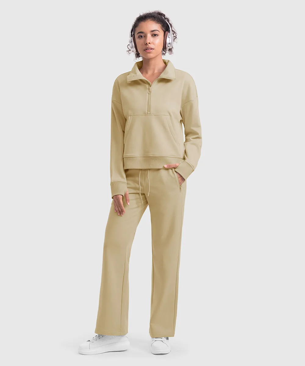 Women's 1/2 Zip Stand collar Pullover And Wide Leg Pants