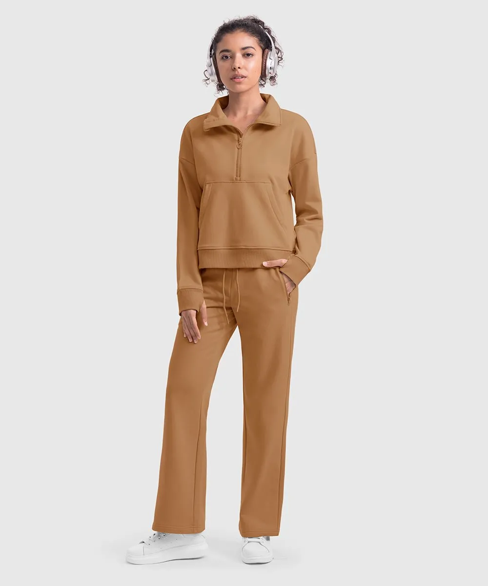 Women's 1/2 Zip Stand collar Pullover And Wide Leg Pants