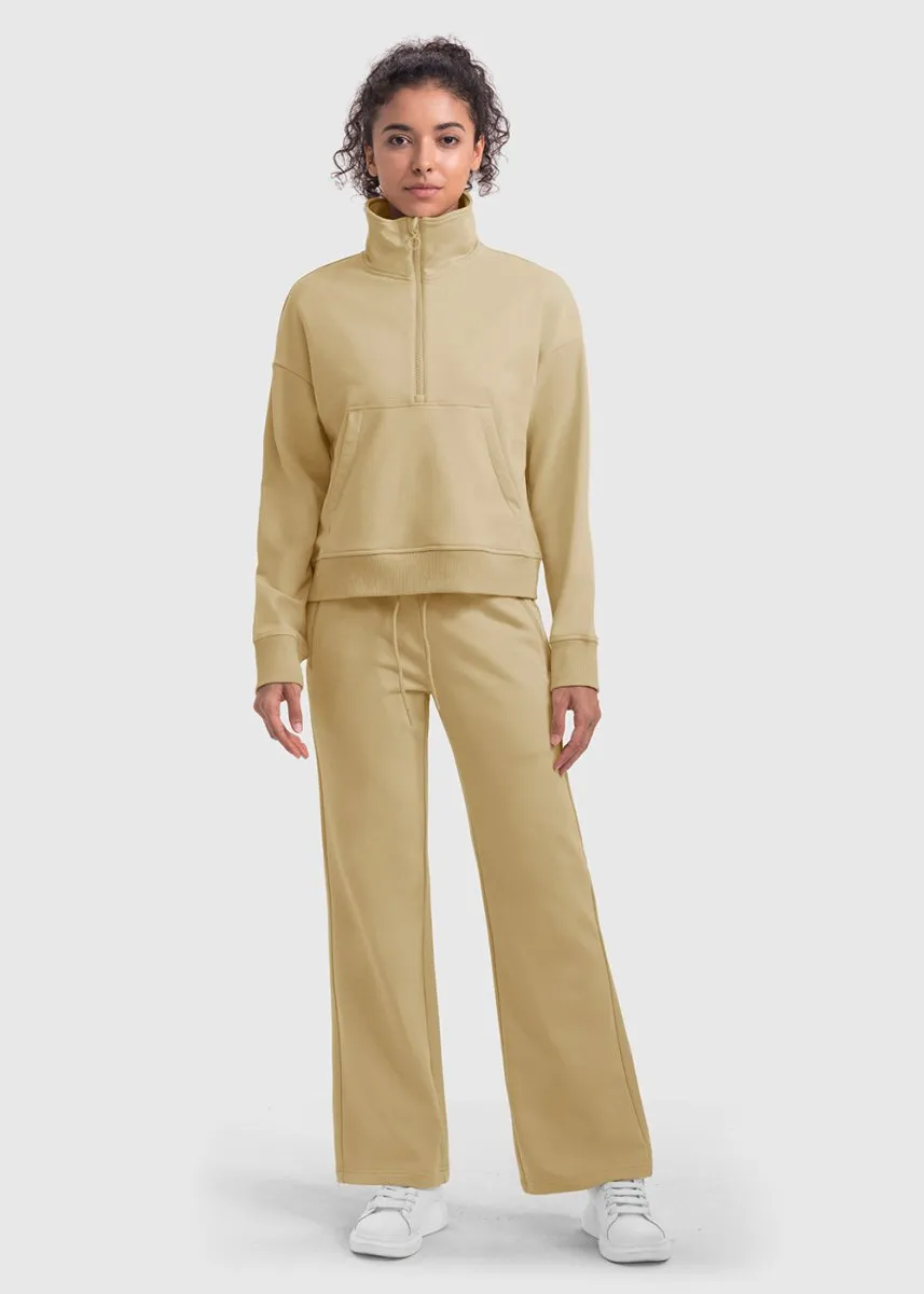 Women's 1/2 Zip Stand collar Pullover And Wide Leg Pants