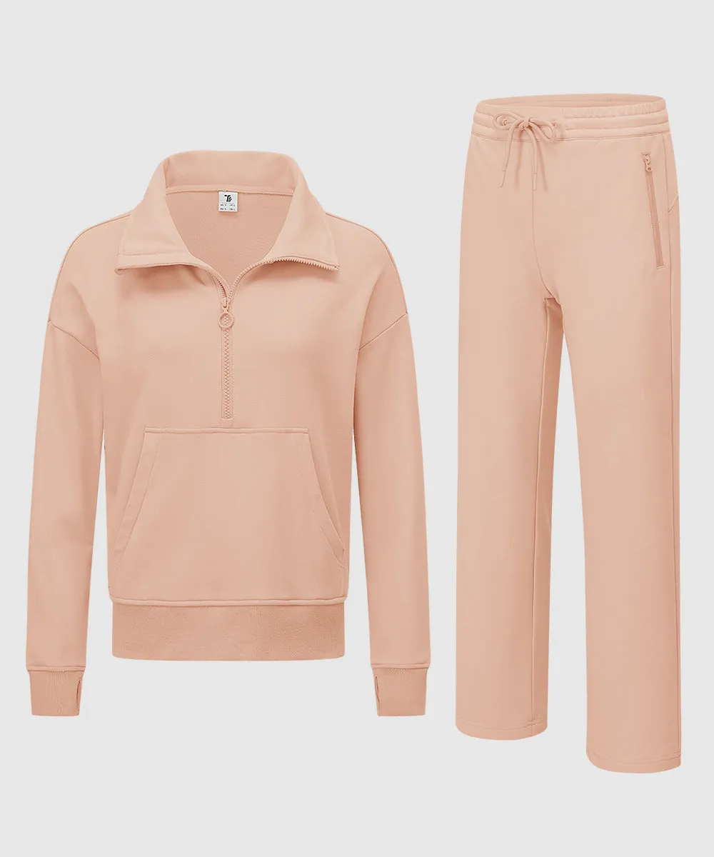 Women's 1/2 Zip Stand collar Pullover And Wide Leg Pants