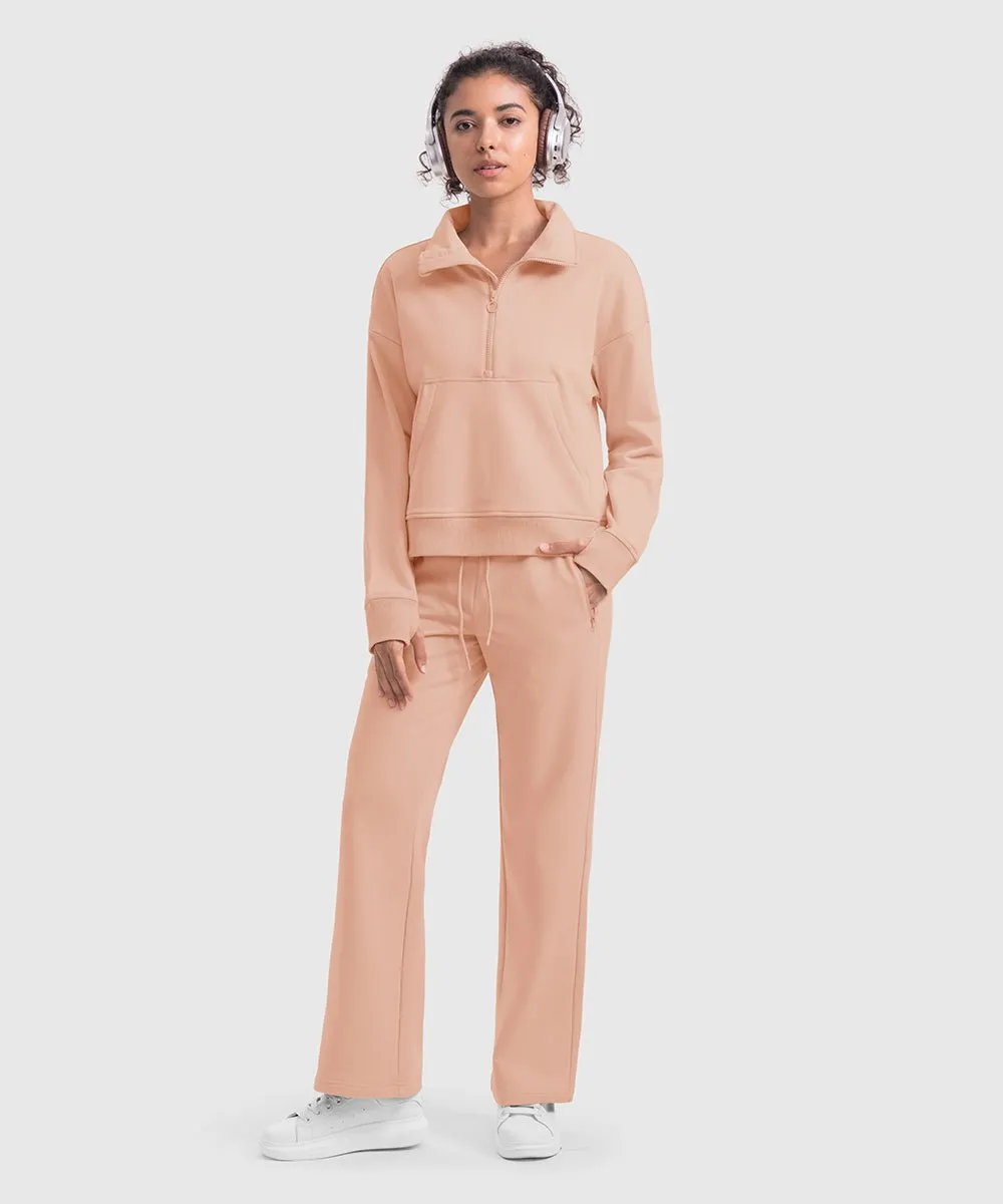 Women's 1/2 Zip Stand collar Pullover And Wide Leg Pants