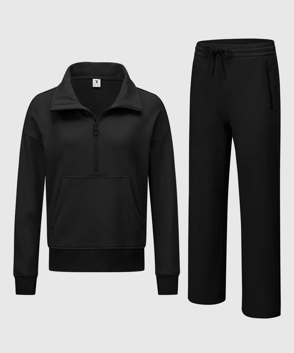 Women's 1/2 Zip Stand collar Pullover And Wide Leg Pants