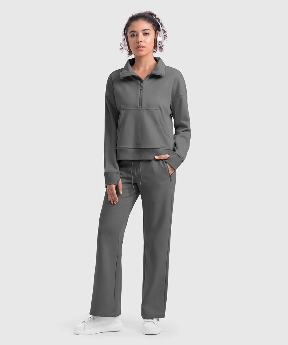 Women's 1/2 Zip Stand collar Pullover And Wide Leg Pants