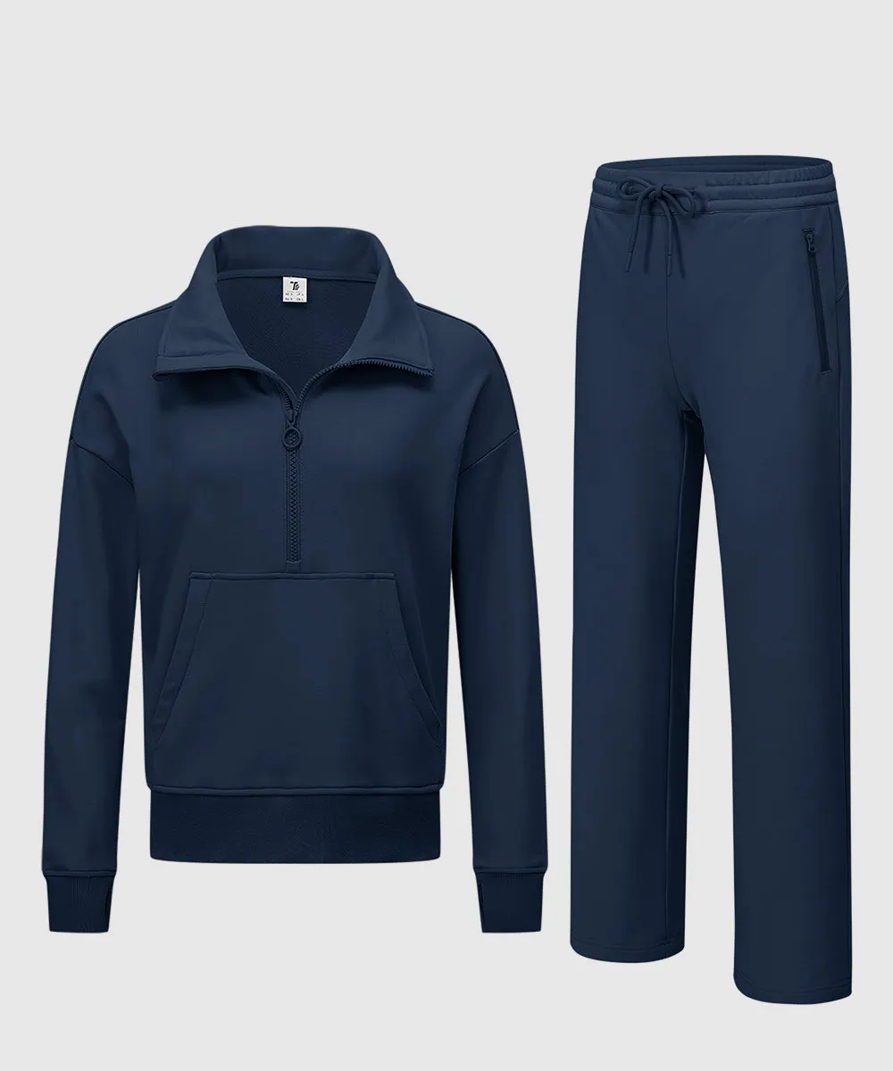 Women's 1/2 Zip Stand collar Pullover And Wide Leg Pants