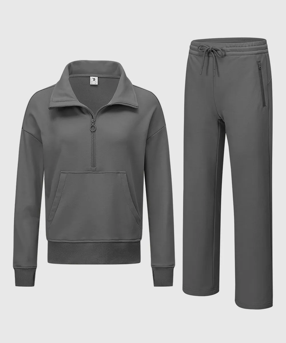 Women's 1/2 Zip Stand collar Pullover And Wide Leg Pants