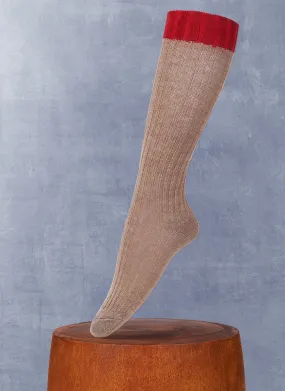 Women's Luxury Merino Wool Knee High Sock in Taupe and Red