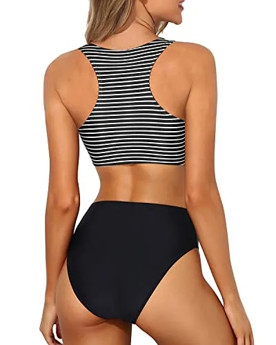 Women's Mixed And Matching Styles For Juniors Sports Swimsuits-Black And White Stripe