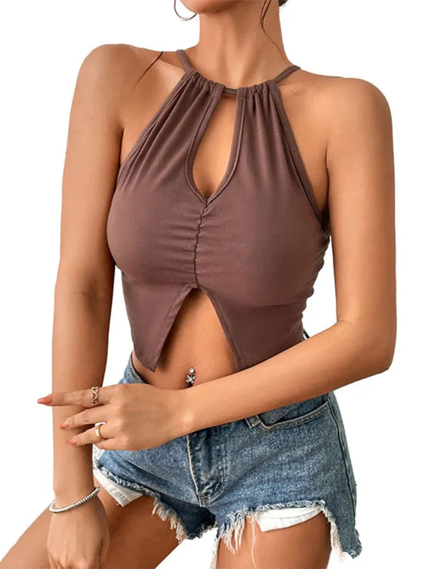 Womens Solid Color Keyhole Cutout Crop Top SIZE S-XL
