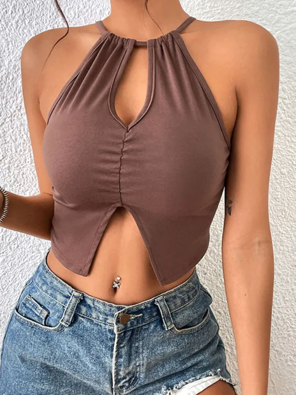 Womens Solid Color Keyhole Cutout Crop Top SIZE S-XL