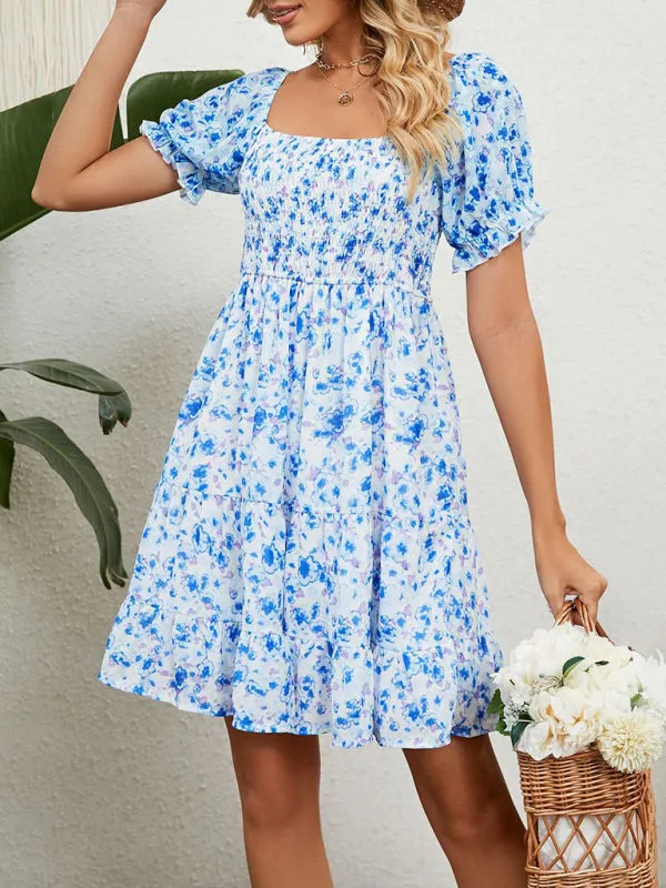 Women's Square Neck Floral Print Chiffon Short Sleeve Dress