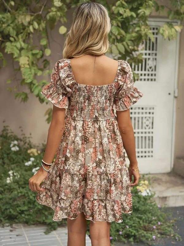 Women's Square Neck Floral Print Chiffon Short Sleeve Dress