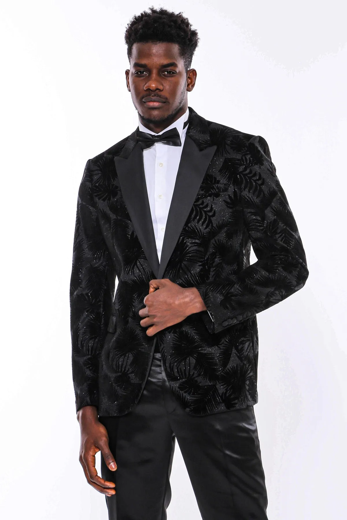 WSS Shiny Leaf Patterned Black Prom Blazer  - Tomelloso